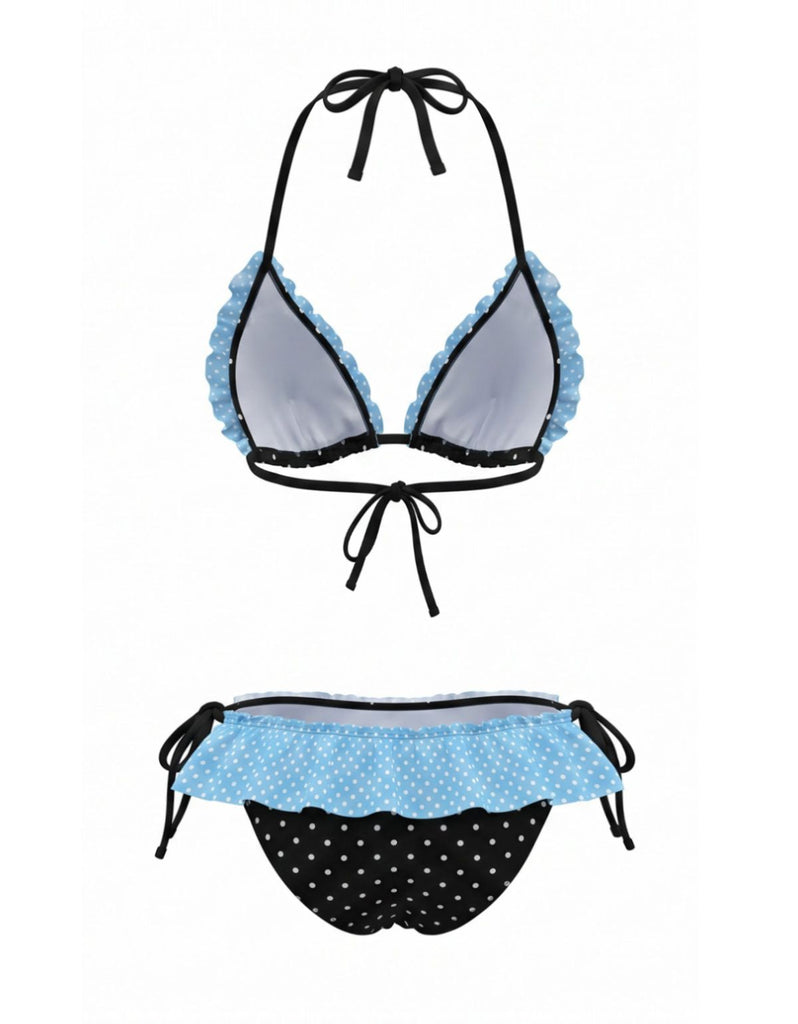 1980s-Halter-Contrast-Polka-Dot-Ruffle-Trim-Bikini-Set, vintage, retro, swimwear