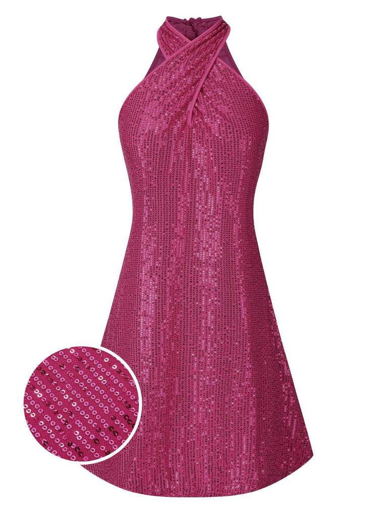 She slips into this 1980s Halter Off-Shoulder Sequined Dress and suddenly it's a 1980s daydream