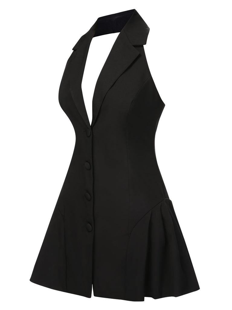 1980s Halter V-Neck Backless Sleeveless Solid Dress: where 1980s romance meets her modern spirit