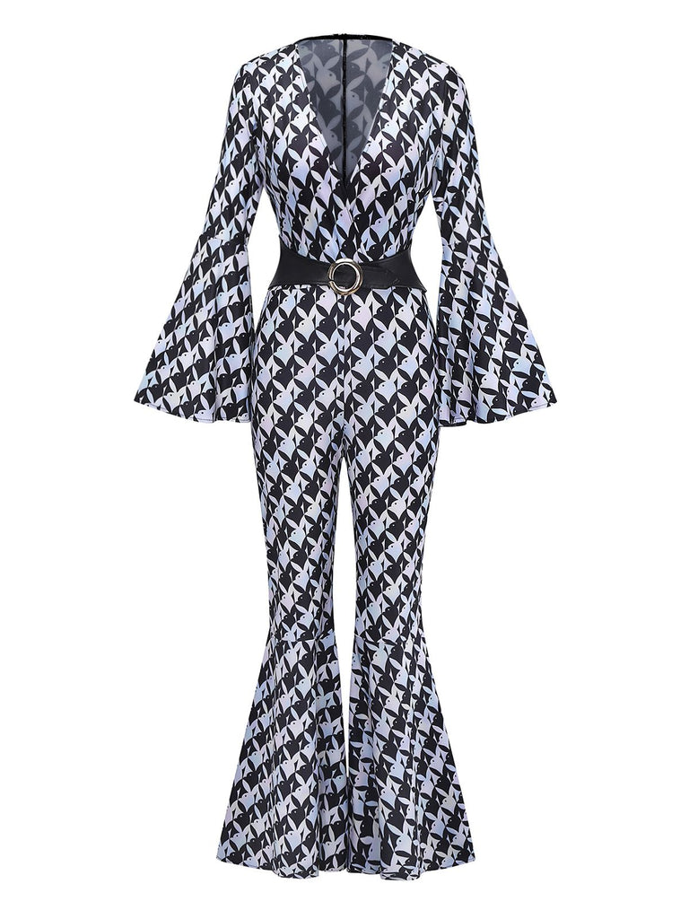 Black & White 1980s Houndstooth Bell Sleeve Jumpsuit - vintage jumpsuit, retro fashion, classic black