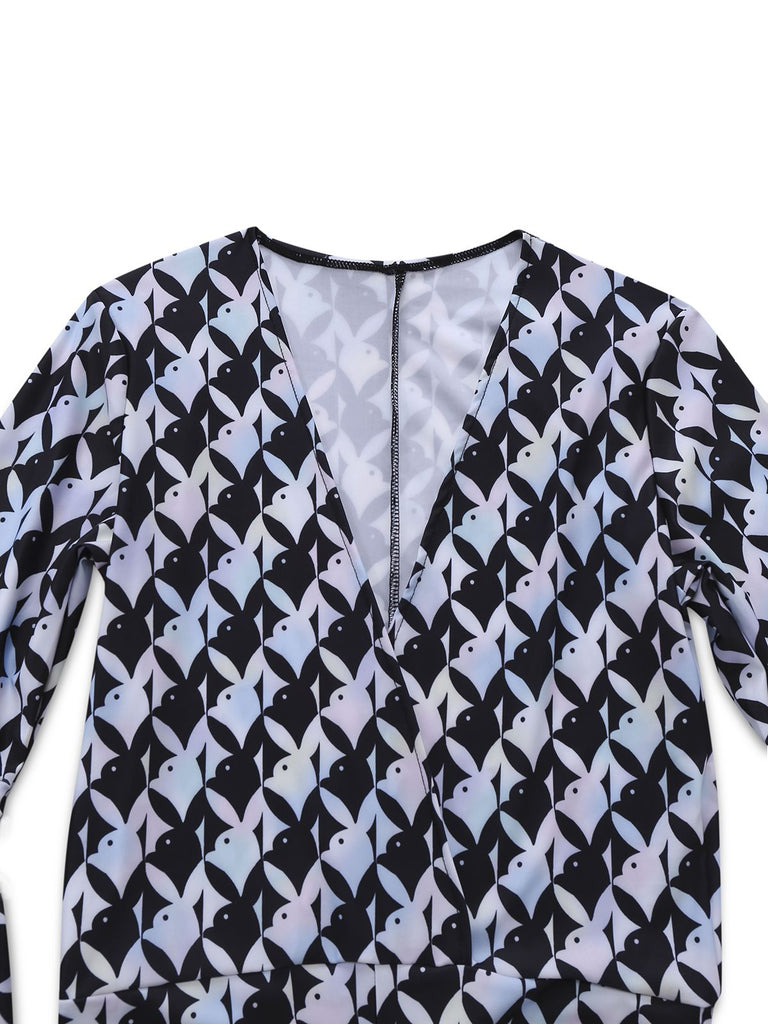 Black & White 1980s Houndstooth Bell Sleeve Jumpsuit - vintage jumpsuit, retro fashion, classic black