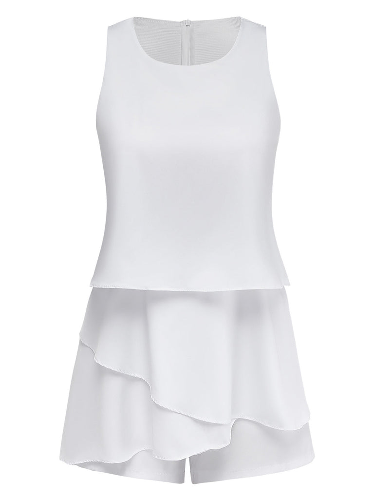 1980s Layered Ruffle Solid Sleeveless Romper - vintage jumpsuit, retro chic for women