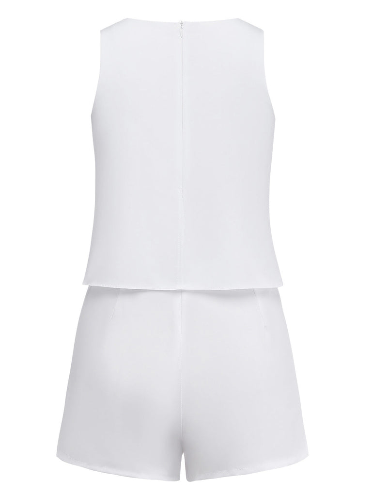 1980s Layered Ruffle Solid Sleeveless Romper - vintage jumpsuit, retro chic for women