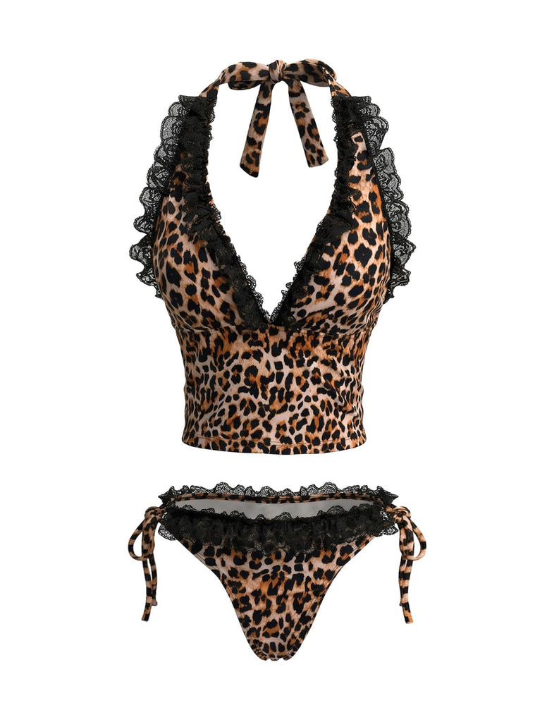 Brown 1980s Leopard Print Lace Trim Halter Tie Bikini Set - vintage swimsuit, pin-up swimwear for vintage lovers