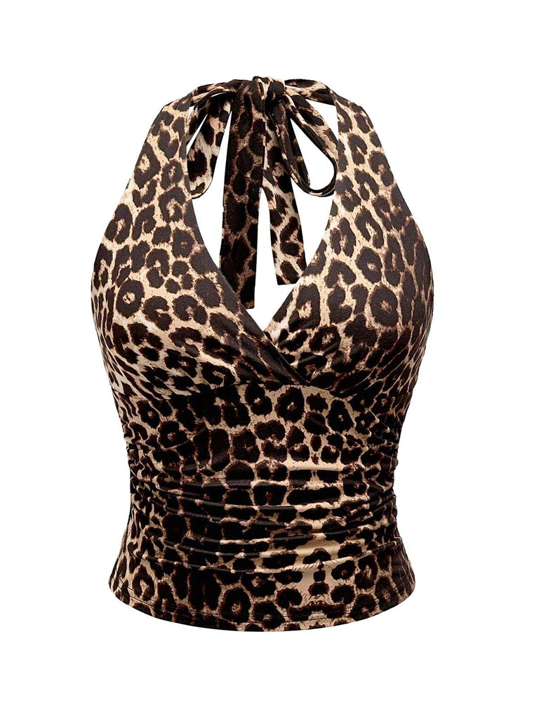 1980s Leopard Print Halter Neck Wrap Top - vintage fashion, retro style