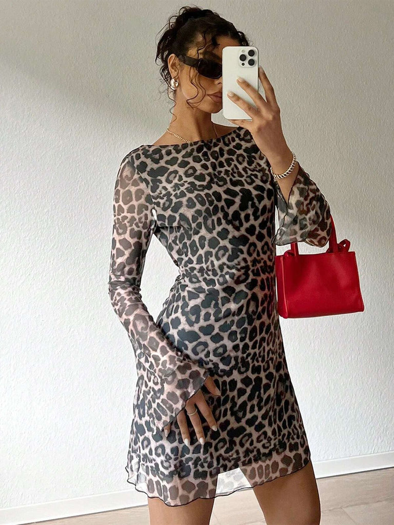1980s Leopard Sheer Long-Sleeve Backless Dress - vintage dress, retro fashion