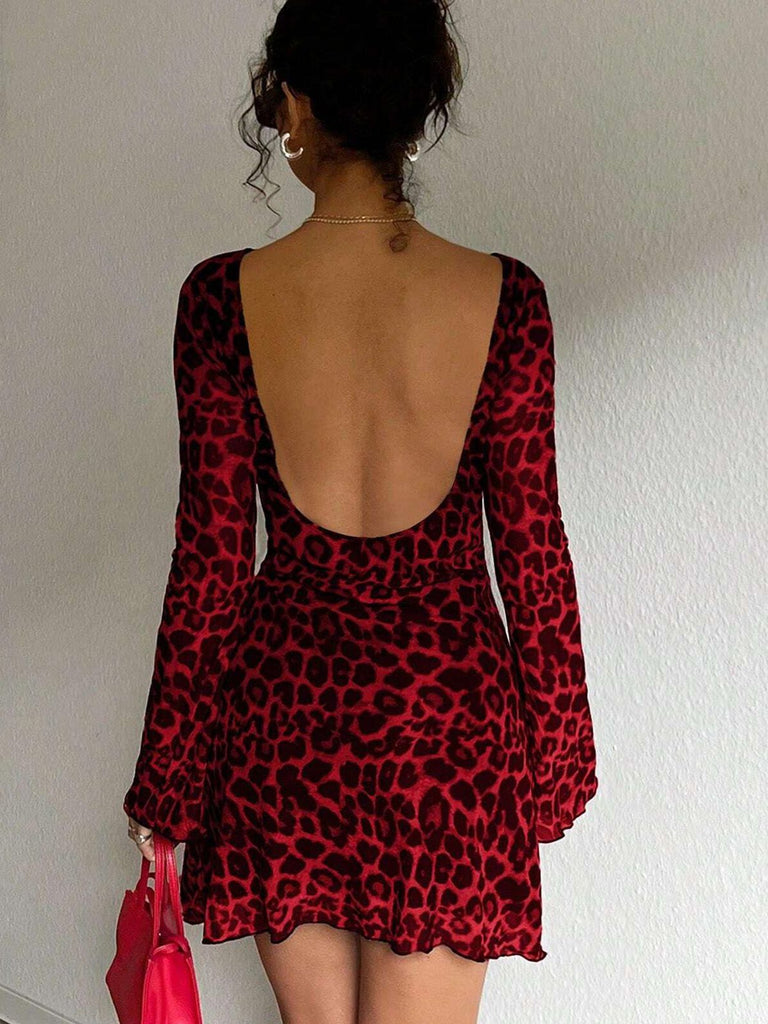 1980s Leopard Sheer Long-Sleeve Backless Dress - vintage dress, retro fashion