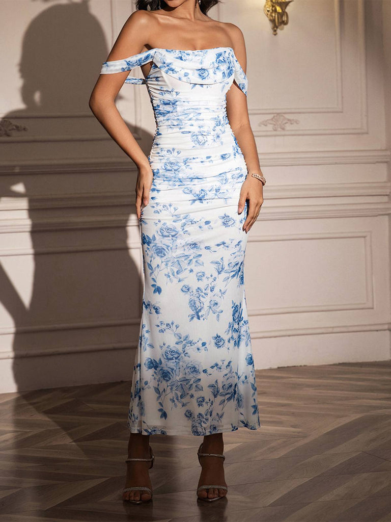 1980s Off-Shoulder Floral Mesh Bodycon Ruched Dress - vintage dress, retro fashion
