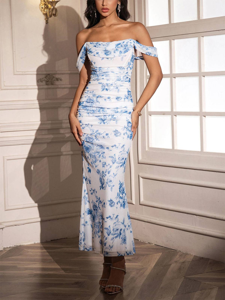 1980s Off-Shoulder Floral Mesh Bodycon Ruched Dress - vintage dress, retro fashion