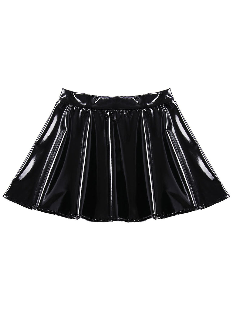 This 1980s Patent Leather Pleated Mini Skirt spins 1980s stories with every step