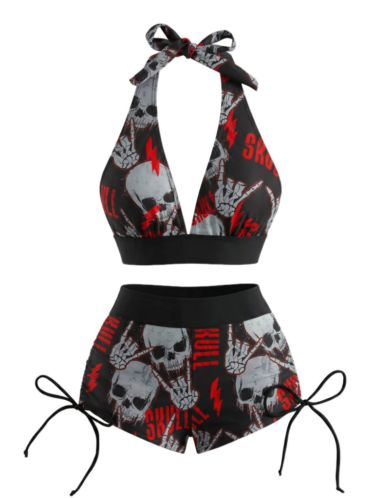 1980s Punk Halter Rock Skull Bikini Set - vintage swimsuit, pin-up swimwear for vintage lovers