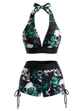 1980s Punk Halter Rock Skull Bikini Set - vintage swimsuit, pin-up swimwear for vintage lovers