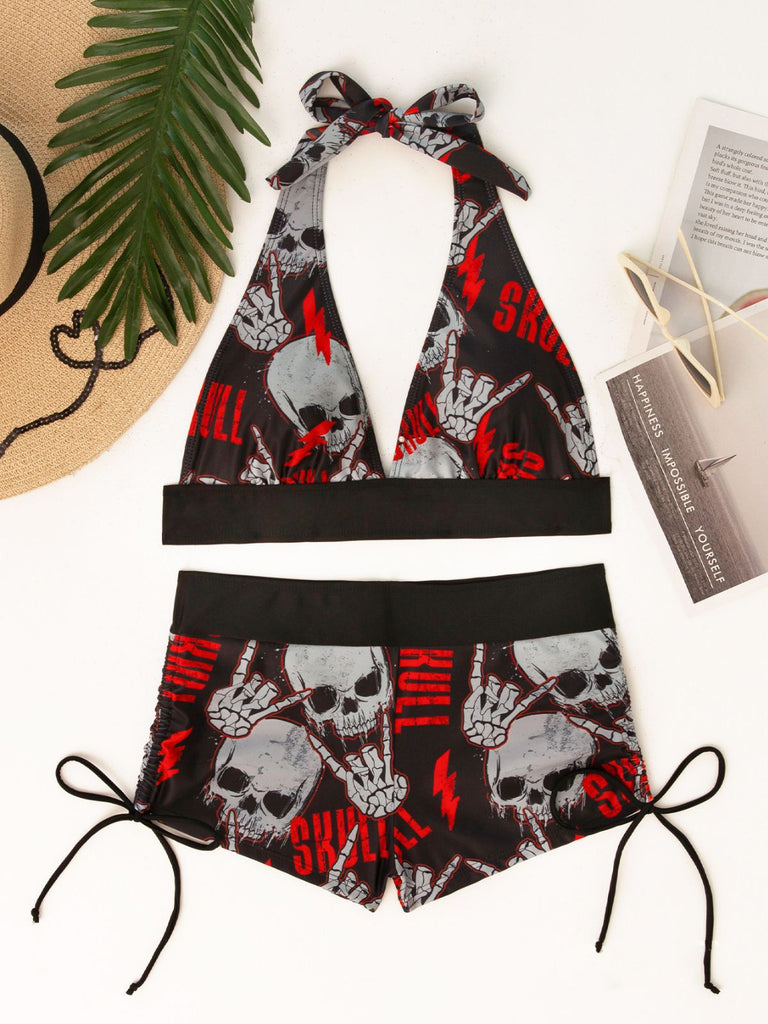 1980s Punk Halter Rock Skull Bikini Set, vintage swimsuit, pin-up swimwear - perfect for women who love vintage and retro fashion