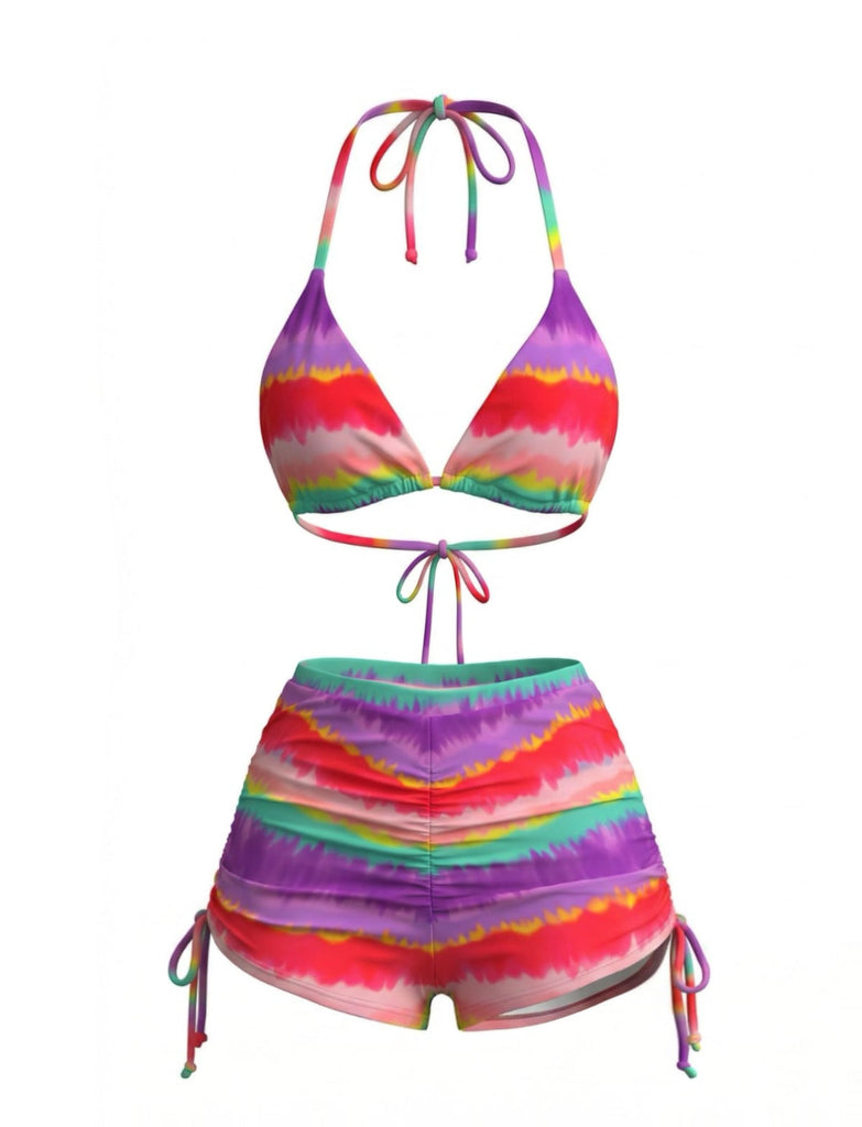 Rainbow 1980s Striped Backless Halter Bikini & High-Waist Shorts - vintage fashion, retro style