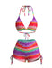 Rainbow 1980s Striped Backless Halter Bikini & High-Waist Shorts - vintage fashion, retro style