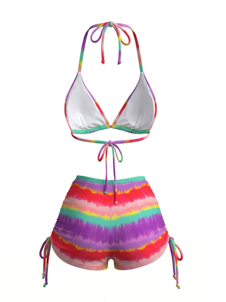 Rainbow 1980s Striped Backless Halter Bikini & High-Waist Shorts - vintage fashion, retro style