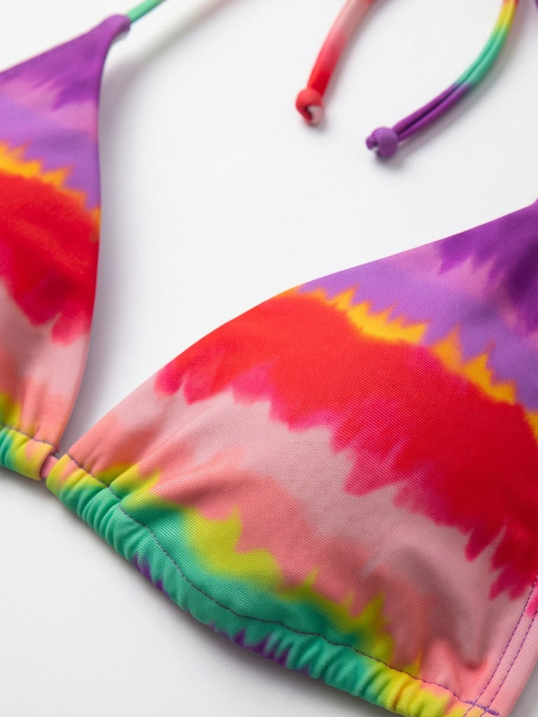 Rainbow 1980s Striped Backless Halter Bikini & High-Waist Shorts - vintage fashion, retro style
