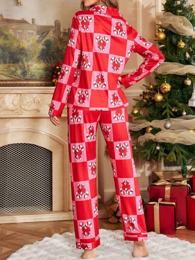 Red 1980s Christmas Checkerboard Candy Cane Pajama Set - vintage fashion, retro style, elegant red