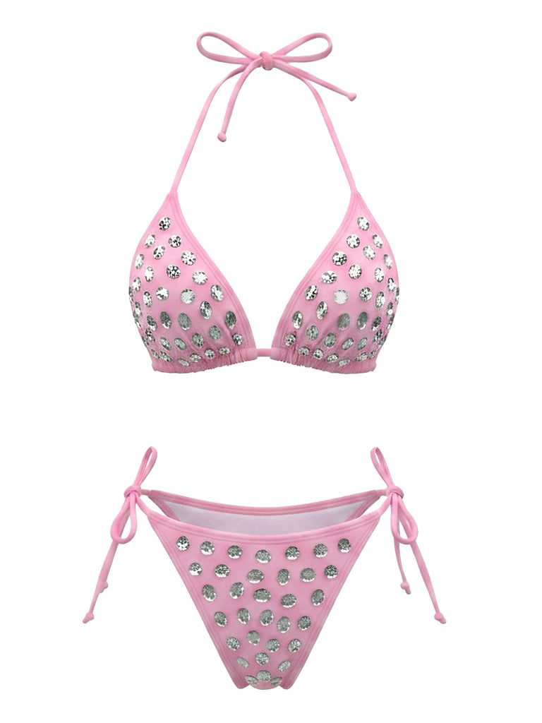 1980s Rhinestone Halter Triangle Bikini Set, vintage swimsuit, pin-up swimwear - perfect for women who love vintage and retro fashion