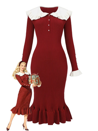 1980s Ribbed Ruffled Collar Midi Dress - vintage dress, retro fashion