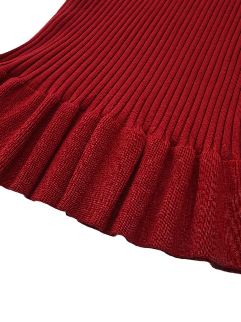 1980s Ribbed Ruffled Collar Midi Dress - vintage dress, retro fashion