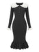 1980s Ribbed Ruffled Collar Midi Dress - vintage dress, retro fashion