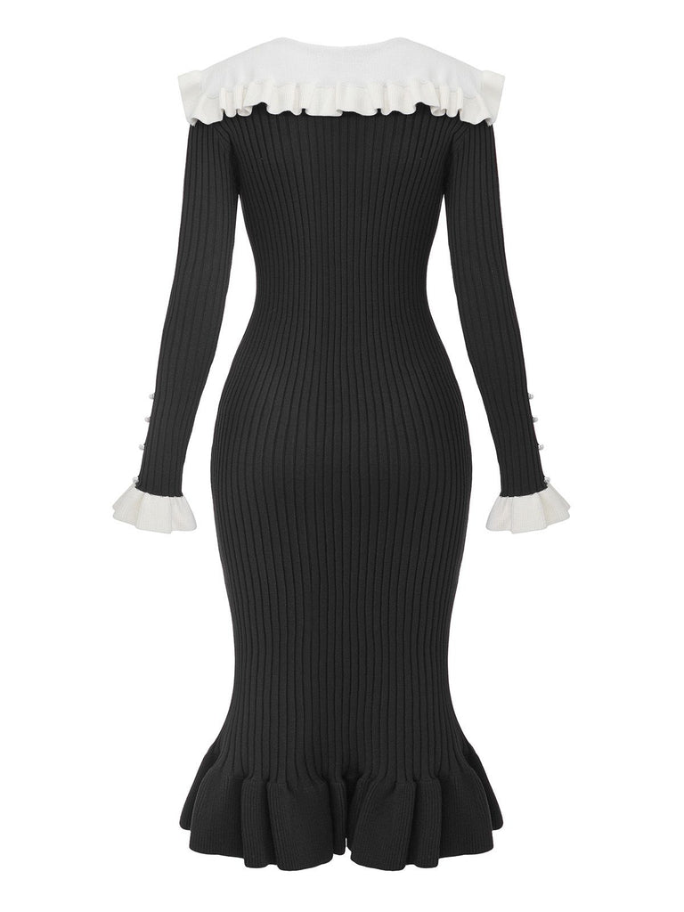 1980s Ribbed Ruffled Collar Midi Dress - vintage dress, retro fashion