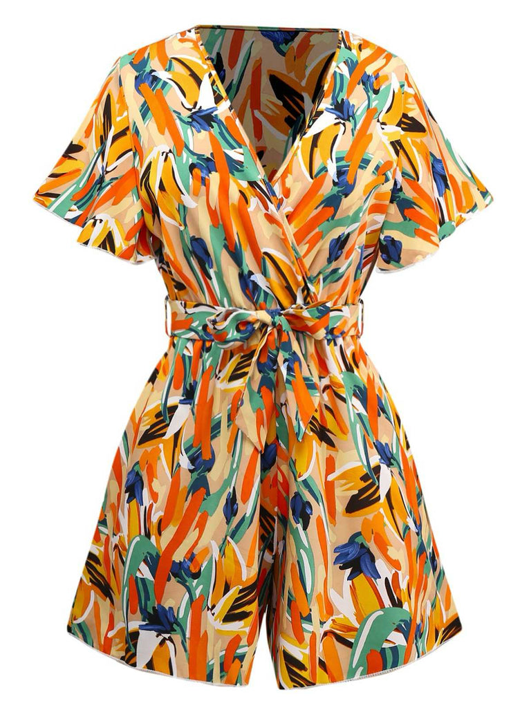 Multicolor 1980s V-Neck Abstract Print Belted Romper - vintage jumpsuit, retro fashion