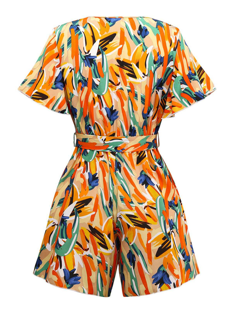 Multicolor 1980s V-Neck Abstract Print Belted Romper - vintage jumpsuit, retro fashion