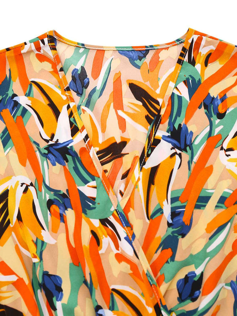 Multicolor 1980s V-Neck Abstract Print Belted Romper - vintage jumpsuit, retro fashion