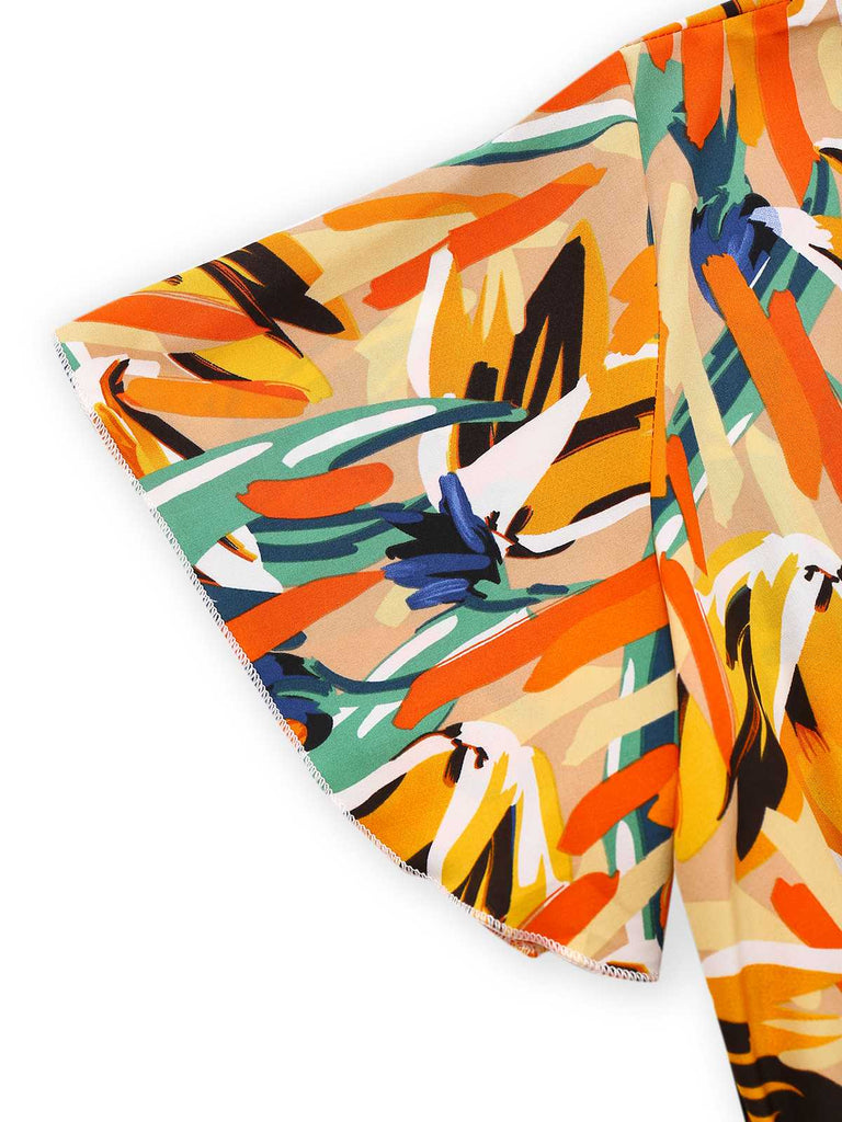 Multicolor 1980s V-Neck Abstract Print Belted Romper - vintage jumpsuit, retro fashion