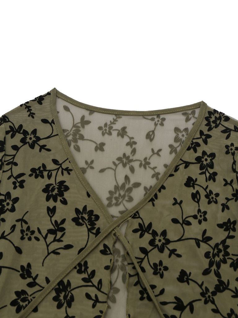 1980s Sheer Botanical Print Lace-Up Cardigan - vintage fashion, retro style
