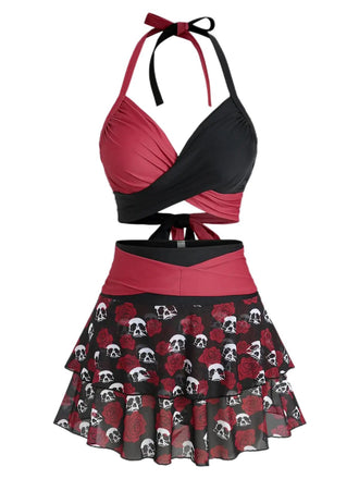 Black & Red 1980s Gothic Skull Rose Halter Skirt Swimsuit - vintage skirt, retro style, classic black