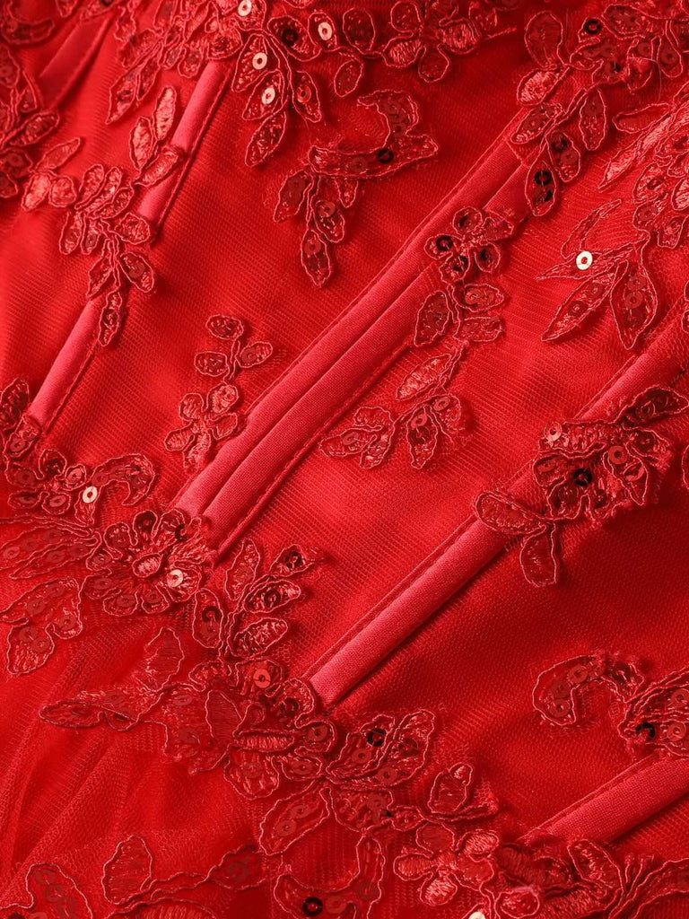 1980s Slip Sequin Lace Tiered Tulle Corset Dress - vintage dress, retro fashion, elegant red