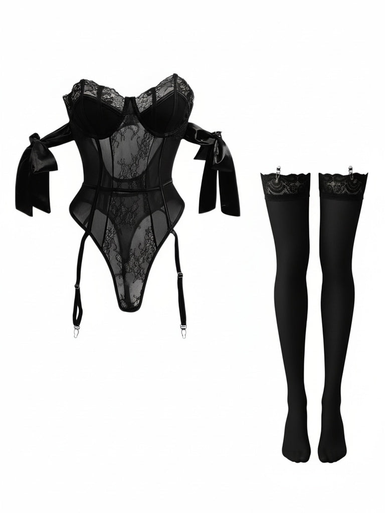 1980s Solid Bow Tie Bodysuit Pajama With Stockings Set - vintage fashion, retro style