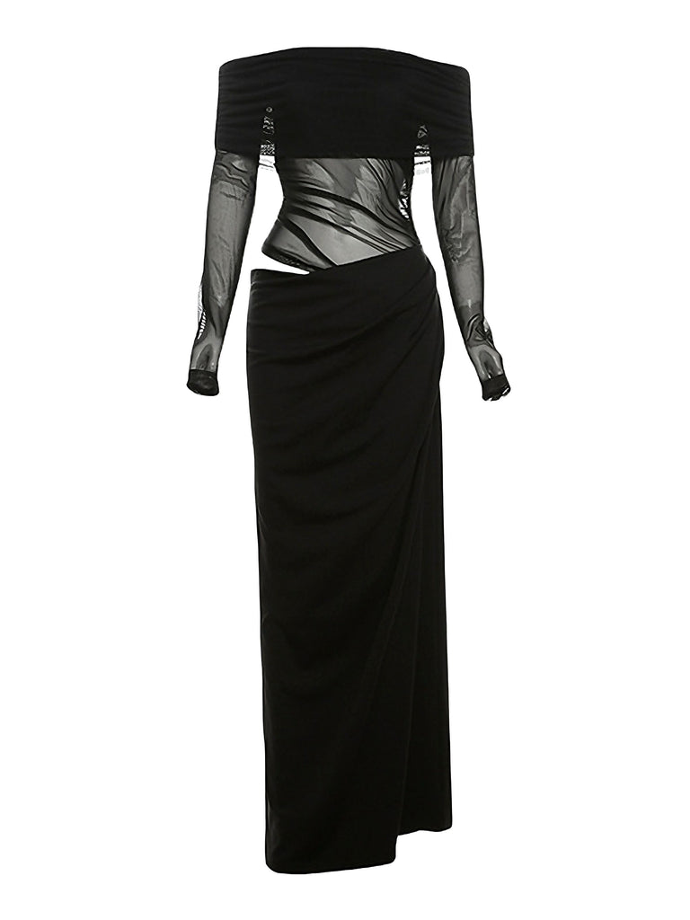 1980s Solid Off-Shoulder Mesh Cut-Out Sheer Dress - vintage dress, retro fashion