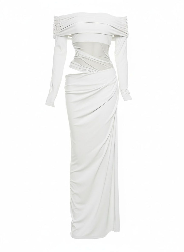 1980s Solid Off-Shoulder Mesh Cut-Out Sheer Dress - vintage dress, retro fashion