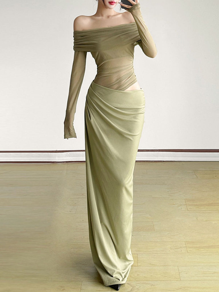 1980s Solid Off-Shoulder Mesh Cut-Out Sheer Dress - vintage dress, retro fashion