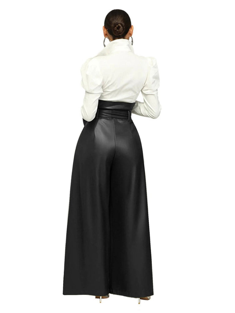 1980s Solid PU Leather Belted Wide-Leg Pants - vintage fashion, retro style
