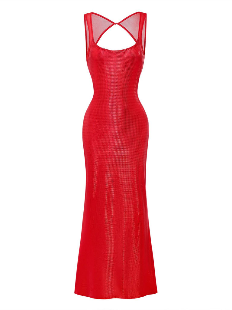 1980s Solid Sequined Mesh Buckle Square Neck Dress - vintage dress, retro fashion