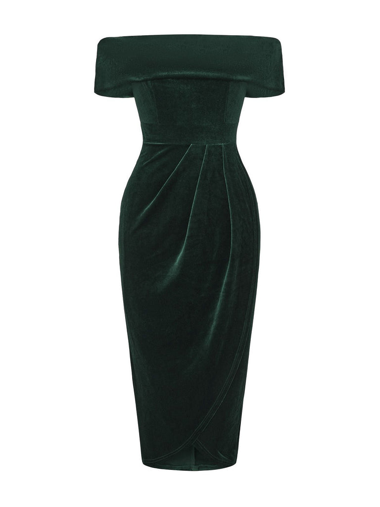 1980s Solid Velvet Off-Shoulder Midi Dress - vintage dress, retro fashion