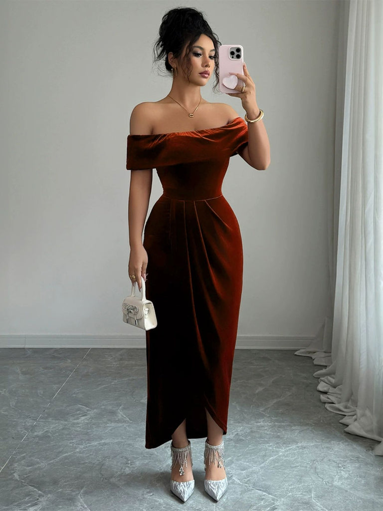 1980s Solid Velvet Off-Shoulder Midi Dress - vintage dress, retro fashion