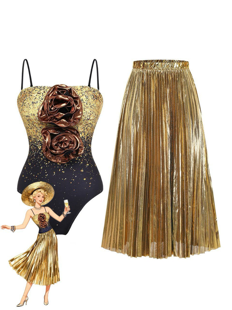 2PCS Gold 1980s Sequined 3D Floral Swimsuit & Cover-Up - vintage swimsuit, pin-up style, glamorous gold