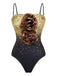 2PCS Gold 1980s Sequined 3D Floral Swimsuit & Cover-Up - vintage swimsuit, pin-up style, glamorous gold
