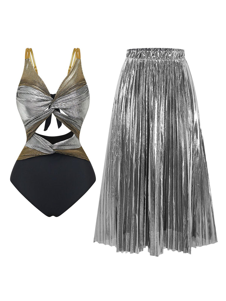 2PCS Metallic 1980s Pleated Cut-Out Swimsuit & Cover-Up - vintage swimsuit, pin-up style