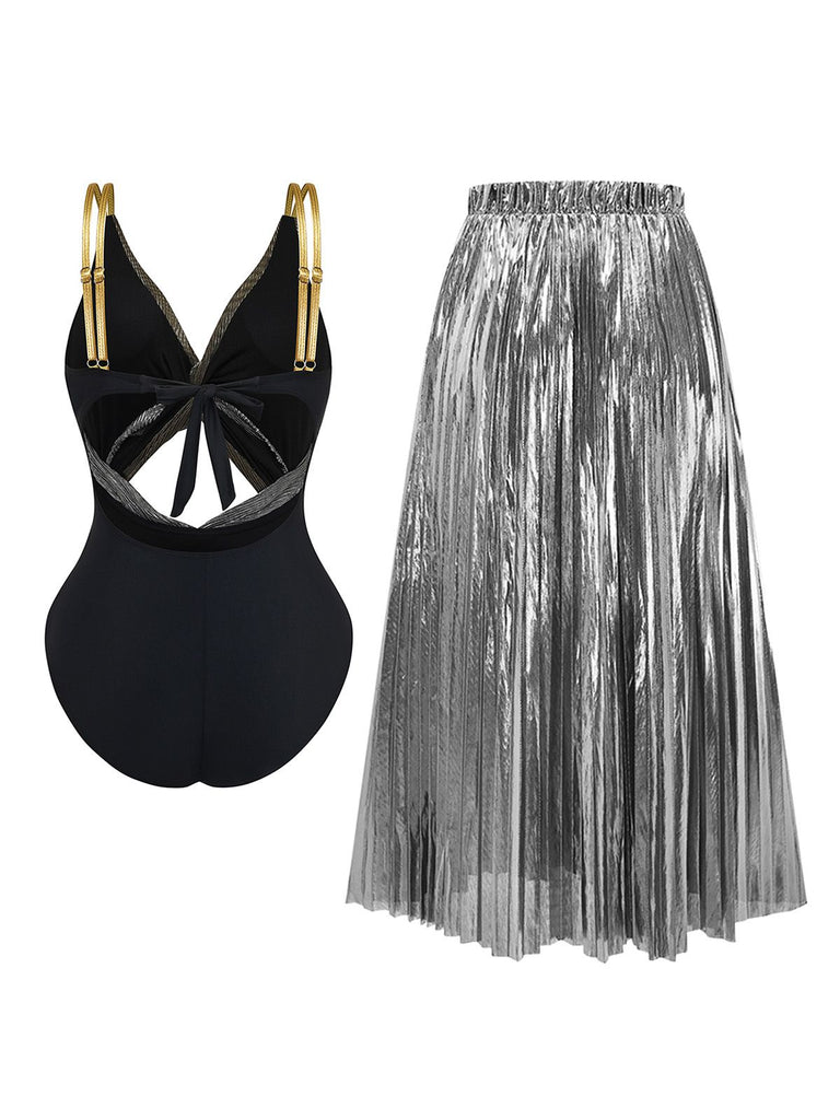 2PCS Metallic 1980s Pleated Cut-Out Swimsuit & Cover-Up - vintage swimsuit, pin-up style