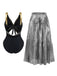 2PCS Metallic 1980s Pleated Cut-Out Swimsuit & Cover-Up - vintage swimsuit, pin-up style
