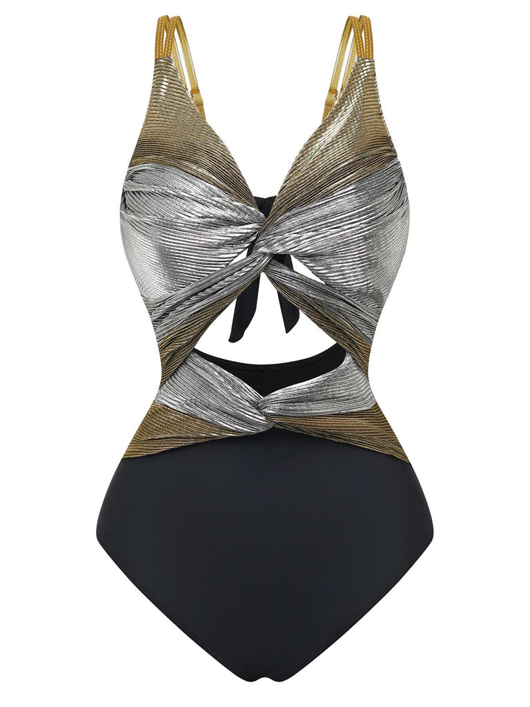 2PCS Metallic 1980s Pleated Cut-Out Swimsuit & Cover-Up - vintage swimsuit, pin-up style