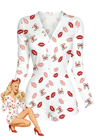 1980s V-Neck Heart Slip Print Romper Pajama - vintage jumpsuit, retro fashion