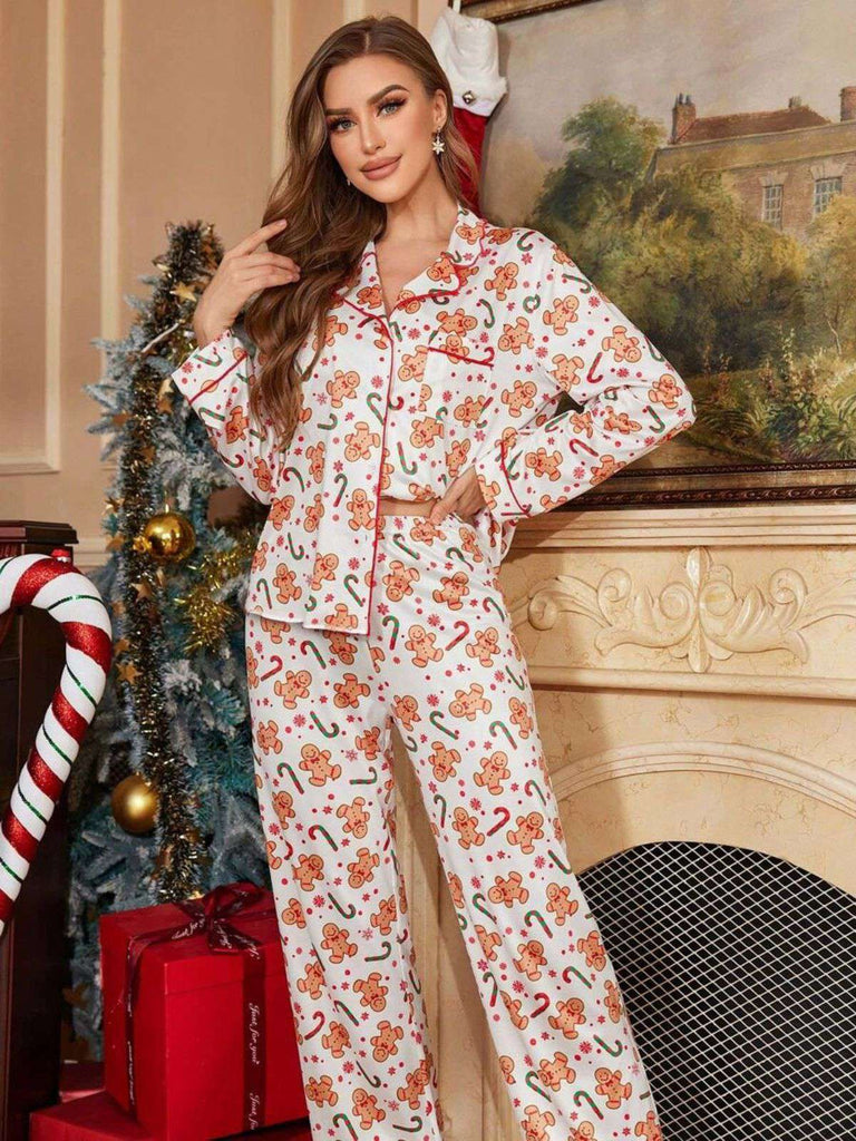 White 1980s Gingerbread Candy Cane Christmas Pajama Set - vintage fashion, retro style, pure white